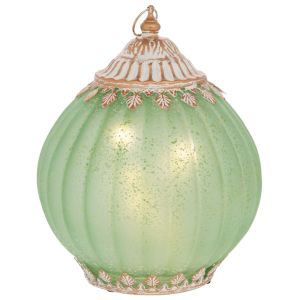 СТЪКЛЕН КРЪГЪЛ ФЕНЕР С LED СВЕТЛИНА И МЕТАЛЕН КАПАК В ЗЕЛЕН ЦВЯТ 15X15X19 СМ