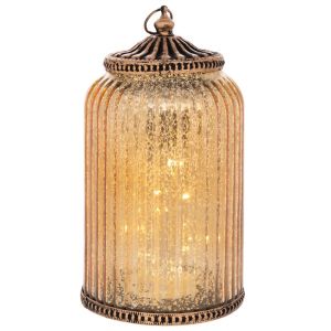 СТЪКЛЕН КРЪГЪЛ ФЕНЕР С LED СВЕТЛИНА И МЕТАЛЕН КАПАК В ЗЛАТИСТ ЦВЯТ 11,5X11,5X20СМ