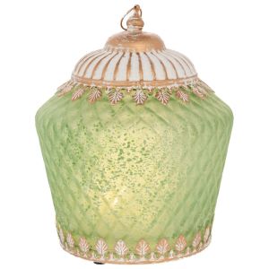 СТЪКЛЕН ФЕНЕР ВЪВ ВИНТИДЖ СТИЛ С LED СВЕТЛИНА И МЕТАЛЕН КАПАК В ЗЕЛЕН ЦВЯТ 15X15X19 СМ