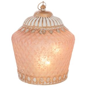 СТЪКЛЕН ФЕНЕР ВЪВ ВИНТИДЖ СТИЛ С LED СВЕТЛИНА И МЕТАЛЕН КАПАК В РОЗОВ ЦВЯТ 15X15X19 СМ