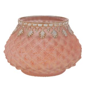 СТЪКЛЕНА ПОСТАВКА ЗА ЧАЕНИ СВЕЩИ В РОЗОВО ВИНТИДЖ СТИЛ 11,5X11,5X8 СМ