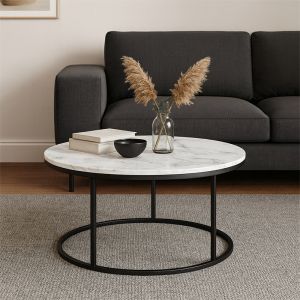 ХОЛНА МАСА SIKELE С БЯЛ МРАМОРЕН ПЛОТ И ЧЕРНИ МЕТАЛНИ КРАКА, ДИАМЕТЪР 60X40 СМ