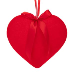 Червено флокирано висящо сърце с червена панделка 15x15 см