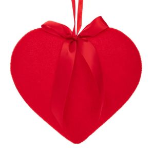 Червено флокирано висящо сърце с червена панделка 22x22 см
