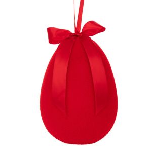 Червено флокирано висящо яйце с панделка, 20 см
