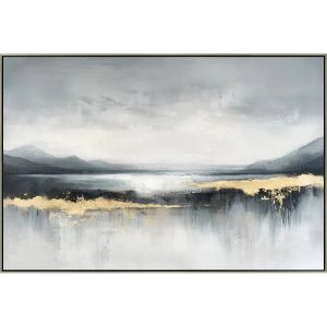 ЧЕРНО-БЯЛА/ЗЛАТНА КАРТИНА НА ПЛАТНО ЕЗЕРО И ПЛАНИНИ В РАМКА - 122.5x82.5x3.5см 6/KIB