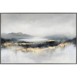 ЧЕРНО-БЯЛА/ЗЛАТНА КАРТИНА НА ПЛАТНО ЕЗЕРО И ПЛАНИНИ В РАМКА - 122.5x82.5x3.5см 6/KIB