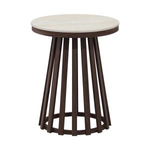 ЪГЛОВА КРЪГЛА МАСА FL032 С БЕЖОВА КЕРАМИЧНА ПОВЪРХНОСТ И МЕТАЛНА ОСНОВА В КАФЯВ ЦВЯТ 45X50СМ