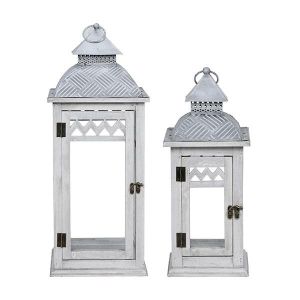 S/2 дървени фенера, бели 24x24x60см / 16.5x16.5x40см