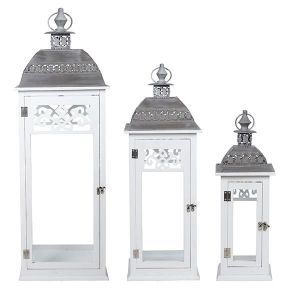 S/3 дървени фенера, бели, метални 33x33x93см / 25x25x71.5см / 17x17x50.5см