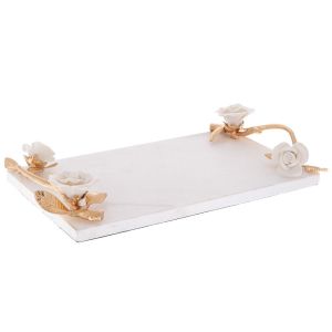 БЯЛ МРАМОРЕН ПОДНОС С ЦВЕТЯ И ЗЛАТНИ ДРЪЖКИ 34X20X5,5 СМ