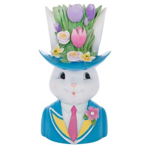 ВЕЛИКДЕНСКА ДЕКОРАТИВНА САКСИЯ ОТ ПОЛИРЕЗИН ЗАЙЧЕ С ФЛОРАЛНА ШАПКА 20X18X35 СМ