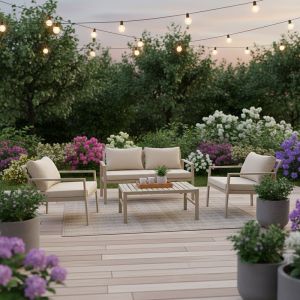 ГРАДИНСКИ КОМПЛЕКТ GARDENLY ОТ 4 ЧАСТИ, АЛУМИНИЙ В ЦВЯТ КАПУЧИНО С БЕЖОВИ ВЪЗГЛАВНИЦИ