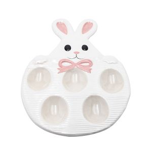 Декоративна саксия за великденски яйца със заек, керамична, бяла - розова, 27x17.8x2.2см