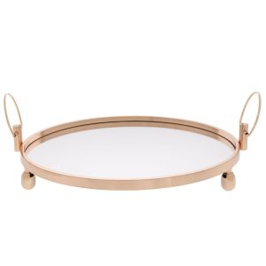 ЗЛАТИСТ МЕТАЛЕН ПОДНОС СЪС СТЪКЛЕНА ПОВЪРХНОСТ В КРЪГЛА ФОРМА 50X50X11 СМ