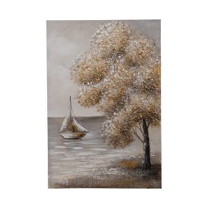 Картина върху платно дърво и кораб кафяво-бяло-бежово 60x3x90см