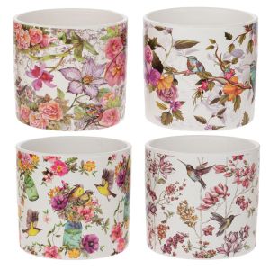 КЕРАМИЧНА САКСИЯ С ПРИНТ НА ЗЕЛЕНИ ДЪРВЕТА И ПТИЦИ 13X13X12СМ 4 ЦВЯТА