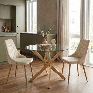 Комплект маса и бежови столове Azori и стъклена маса Antoro D80x75 см, комплект от 3 части