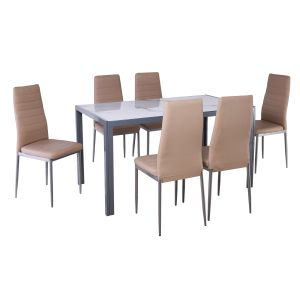 Комплект маса и столове Jetta-dego: маса + 6 стола, сив метал - мраморно стъкло - бежово Pvc