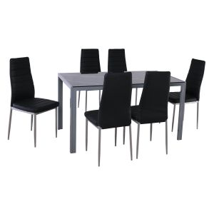 Комплект маса и столове Jetta-dego: маса + 6 стола, сив метал - черно стъкло - черно Pvc