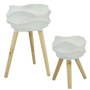 Комплект от 2 керамични саксии с дървени крака - кремав керамични - Д:φ32x58, Ш:φ24x36см 6 бр./кутия