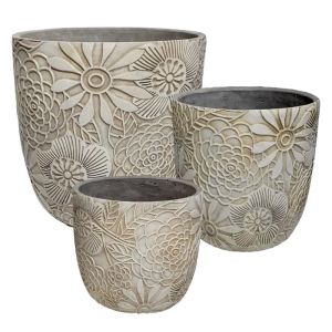 Комплект саксии/3 кръгли кафяви цветя мотибо - Д:φ30.5x31.5, М:φ25x26, Ш:φ20x20.5см 1/кутия