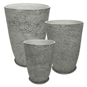 Комплект саксия от камък полисмола с чинии/6 сиви износени камъка - Д:φ51x71, М:φ43x60, Ш:φ35.5x49.5см