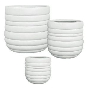 Комплект/3 леки циментови саксии, бели, кръгли с линии - размер: Φ30x28, м: Φ42x40, д: Φ54x51см 1/кутия