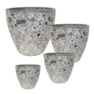 Комплект/4 сиви кръгли глинени саксии, античен тип - S:φ21.5x20.5, M:φ26.5x24.5, L:φ36x31, Xl:φ44x37см 60/бр.