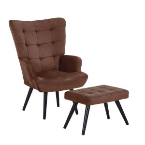 Кресло Lobby - Bergerac с табуретка - табуретка за крака, черен метал, кафяв велурена материя