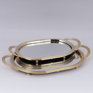 МЕТАЛНИ ПОДНОСА S/2 С ОГЛЕДАЛО ЗЛАТИСТО 27X45СМ / 21X38СМ