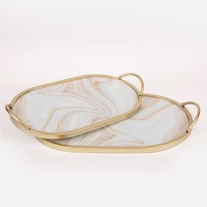 МЕТАЛНИ ПОДНОСИ S/2 СЪС СТЪКЛО, ЗЛАТИСТА - БЯЛА 47.5X30X6СМ / 40X25X6СМ