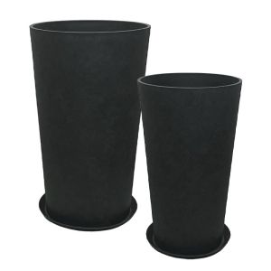 Саксия от камък полисмола с комплект чинии/4, висока, конусиста, черна, с въглен - Д:φ45.5x76, М:φ36.5x62см