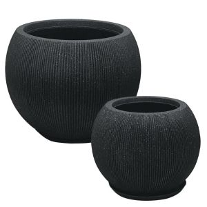 Саксия от полисмола с комплект чинии/4 черни гранитови раирани топки - Д:φ53x41.1, М:φ37x30см