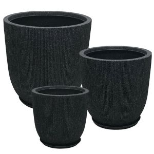 Саксия от полисмола с комплект чинии/6 черни гранитови раирани - Д:φ44x44.5, М:φ37x37.5, Ш:φ31x31.5см