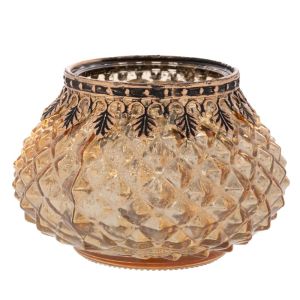 СТЪКЛЕНА ПОСТАВКА ЗА ЧАЕНИ СВЕЩИ ВЪВ ВИНТИДЖ СТИЛ В ЗЛАТИСТ ЦВЯТ 11,5X11,5X8 СМ