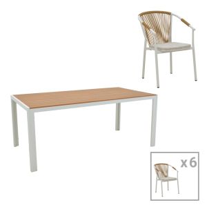 ТРАПЕЗНА МАСА NARES-CONVINCE B КОМПЛЕКТ ОТ 7 ЧАСТИ БЕЛИ АЛУМИНИЕВИ И ШПЕРПЛАТ В ЕСТЕСТВЕН НЮАНС 180X90X72.5СМ