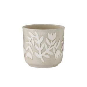 Циментова саксия, кремаво-бежова, кръгла, релефни растения Φ17.5x16см - 1/8kib