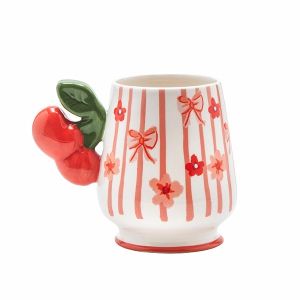 ЧАША С ЧЕРЕШОВА ДРЪЖКА И ДИЗАЙНИ С ПАНДИ И ЦВЕТЯ, КЕРАМИЧНА, БЯЛА - ЧЕРВЕНА, 13.9X9.5X11.2СМ