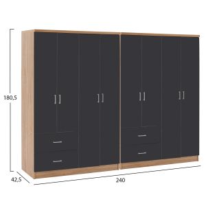 8-door wardrobe Briana Hm21237.01 melamine in sonam color and dark gray 241x42.5x180.5cm.