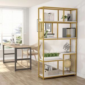 Denver bookcase-shelf with gold metal frame and white marble top 100x30x180cm