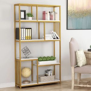 Denver bookcase-shelf with gold metal frame and white marble top 100x30x180cm