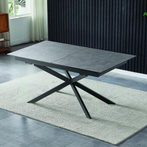 Fl017 extendable dining table with gray ceramic top and black metal legs 160(+50)x90x76cm