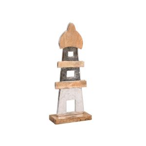 Aluminum decorative lighthouse 2390 with wooden base silver color 18x7x45cm