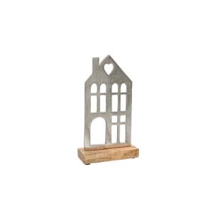 Aluminum decorative house with wooden base, silver color, 16x5x23cm