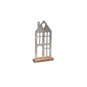 Aluminum decorative house with wooden base, silver color, 18x5x35cm