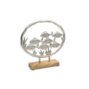 Aluminum decorative fish passage 2789 with wooden base silver color 25x5x24cm
