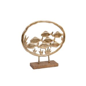 Aluminum decorative fish passage with wooden base gold color 32x6x30cm