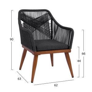 Алуминиево кресло Myrtia Hm5549.11 сиво въже - крака в цвят на орех 62x63x90hcm