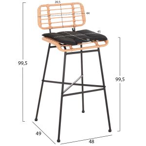 Allegra metal bar stool with cushion in black-with rattan in beige 48x49x99.5hcm Hm5708.11